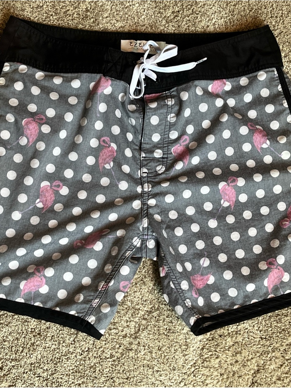 Ezekiel Gray Polka Dot Swim Shorts with Pink Flamingos